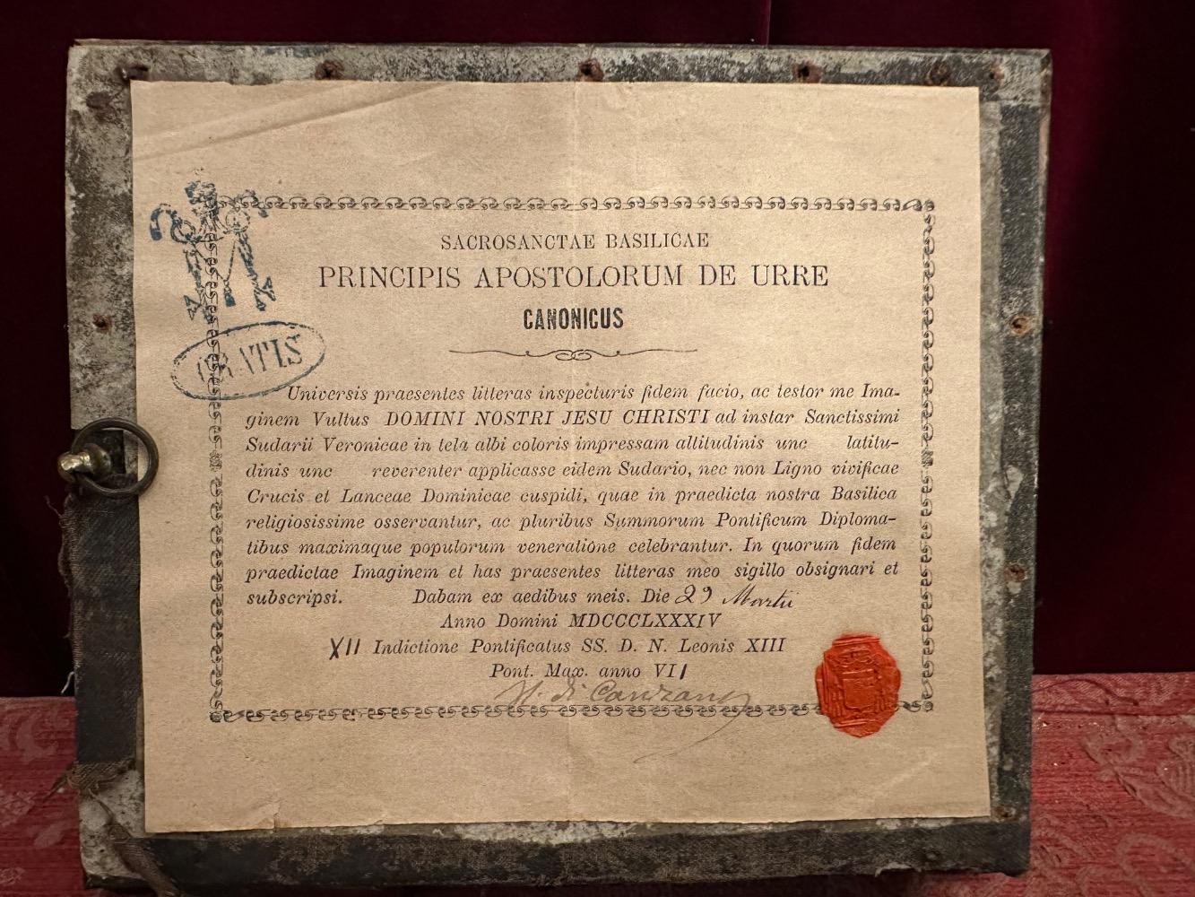 1  Veil / Sudarium Of Veronica Originally Sealed With Document