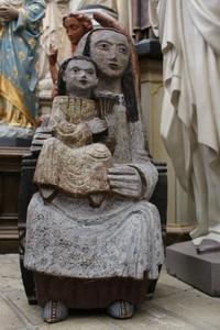 Very Rare, Special And Heavy Statue St. Mary &  Child , Design Based On Various Styles And Cultures , Terra-Cotta , Statue And Colours Burned In A Kiln , Netherlands , 1960 , Higher Price-Range. en Terra-Cotta, Dutch 20th century