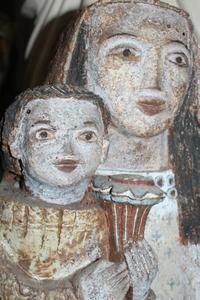 Very Rare, Special And Heavy Statue St. Mary &  Child , Design Based On Various Styles And Cultures , Terra-Cotta , Statue And Colours Burned In A Kiln , Netherlands , 1960 , Higher Price-Range. en Terra-Cotta, Dutch 20th century