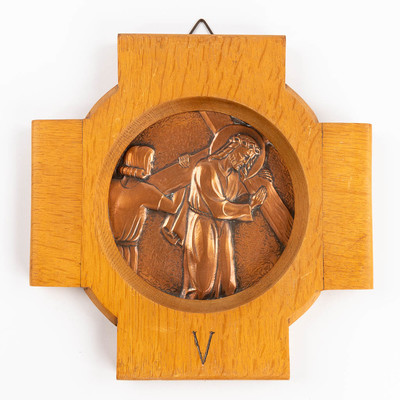 Stations Of The Cross  style art - deco en Oak Wood / Brass, Belgium 20 th century