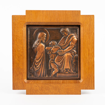 Stations Of The Cross éMile Salmon (1840-1913)  style art - deco en Brass / Oak Wooden Frames, Belgium 20 th century