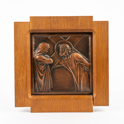 Stations Of The Cross éMile Salmon (1840-1913)  style art - deco en Brass / Oak Wooden Frames, Belgium 20 th century