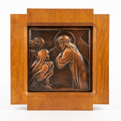 Stations Of The Cross éMile Salmon (1840-1913)  style art - deco en Brass / Oak Wooden Frames, Belgium 20 th century