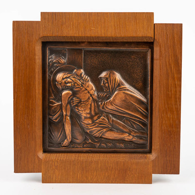 Stations Of The Cross éMile Salmon (1840-1913)  style art - deco en Brass / Oak Wooden Frames, Belgium 20 th century