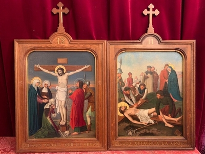 Complete Series Hand-Painted Stations Of The Cross Nazarene-Style en Hand Painted / Oak Frames, France 19th century ( anno 1890 )