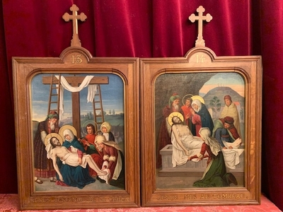 Complete Series Hand-Painted Stations Of The Cross Nazarene-Style en Hand Painted / Oak Frames, France 19th century ( anno 1890 )