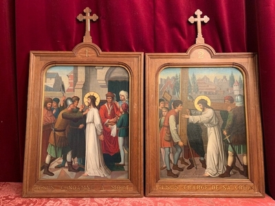 Complete Series Hand-Painted Stations Of The Cross Nazarene-Style en Hand Painted / Oak Frames, France 19th century ( anno 1890 )