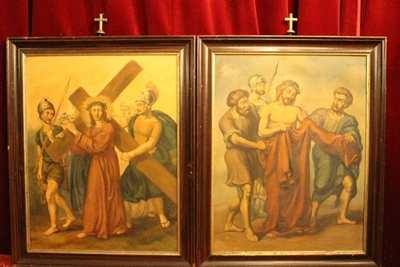Complete Series Stations Of The Cross en Colour Print on Board Framed, Belgium 19th century ( anno about 1925 )