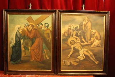Complete Series Stations Of The Cross en Colour Print on Board Framed, Belgium 19th century ( anno about 1925 )