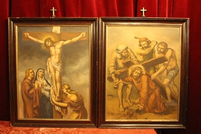 Complete Series Stations Of The Cross en Colour Print on Board Framed, Belgium 19th century ( anno about 1925 )