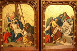 Complete Series Stations Of The Cross Hand - Painted On Zinc Oak Frames Perfect Condition style Gothic - style en Oak Frames / Painted on Zinc, Belgium 19th century (1870)