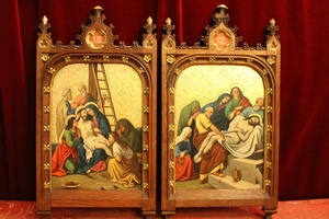 Complete Series Stations Of The Cross Hand - Painted On Zinc Oak Frames Perfect Condition style Gothic - style en Oak Frames / Painted on Zinc, Belgium 19th century (1870)