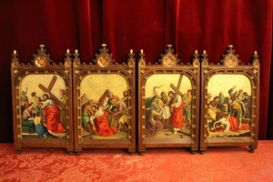 Complete Series Stations Of The Cross Hand - Painted On Zinc Oak Frames Perfect Condition style Gothic - style en Oak Frames / Painted on Zinc, Belgium 19th century (1870)