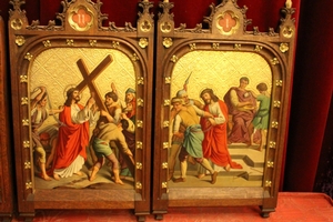 Complete Series Stations Of The Cross Hand - Painted On Zinc Oak Frames Perfect Condition style Gothic - style en Oak Frames / Painted on Zinc, Belgium 19th century (1870)