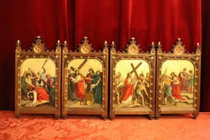 Complete Series Stations Of The Cross Hand - Painted On Zink Oak Frames Perfect Condition style Gothic - style en Oak Frames / Painted on Zinc, Belgium 19th century (1870)