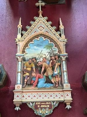 Exceptional Series Stations Of The Cross style Gothic - style en Terra-Cotta polychrome, France 19th century ( anno 1865 )