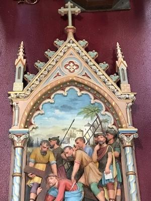 Exceptional Series Stations Of The Cross style Gothic - style en Terra-Cotta polychrome, France 19th century ( anno 1865 )