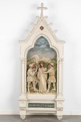 Large Series Stations Of The Cross style Gothic - Style en Plaster polychrome, Belgium  19 th century ( Anno 1865 )