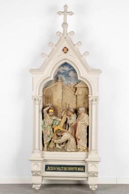 Large Series Stations Of The Cross. style Gothic - Style en Plaster polychrome, Belgium  19 th century