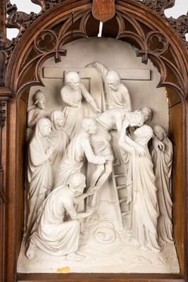 Stations Of The Cross. style Gothic - Style en Plaster / Oak Frames, Belgium  19 th century