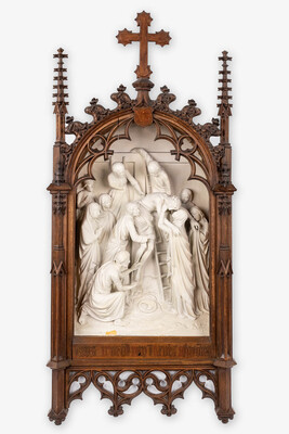 Stations Of The Cross. style Gothic - Style en Plaster / Oak Frames, Belgium  19 th century