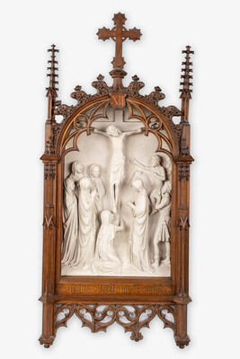 Stations Of The Cross. style Gothic - Style en Plaster / Oak Frames, Belgium  19 th century