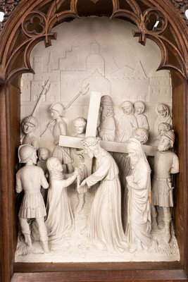 Stations Of The Cross... style Gothic - Style en Plaster / Oak Frames, Belgium  19 th century