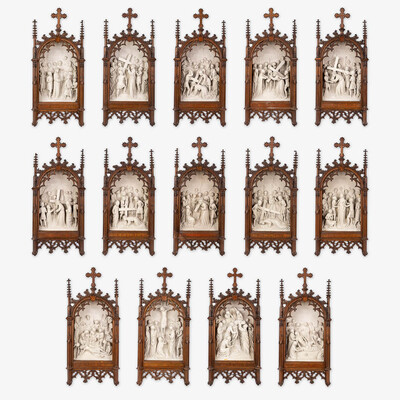 Stations Of The Cross  style Gothic - Style en Plaster / Oak Frames, Belgium  19 th century