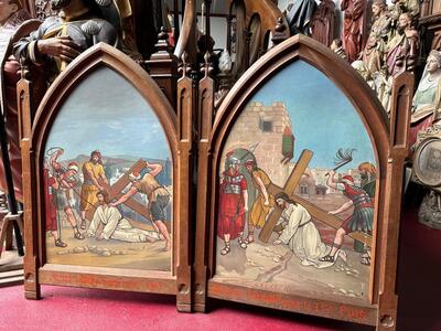 Stations Of The Cross  style Gothic - Style en Painted on Zinc / Oak Frames, France 19 th century ( Anno 1895 )