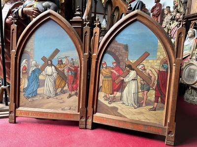 Stations Of The Cross  style Gothic - Style en Painted on Zinc / Oak Frames, France 19 th century ( Anno 1895 )