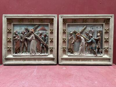 Stations Of The Cross  style Gothic - Style en Plaster polychrome, Belgium  19 th century ( Anno 1885 )