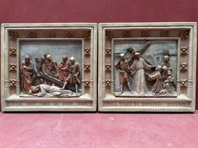 Stations Of The Cross  style Gothic - Style en Plaster polychrome, Belgium  19 th century ( Anno 1885 )