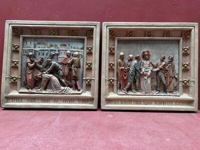 Stations Of The Cross  style Gothic - Style en Plaster polychrome, Belgium  19 th century ( Anno 1885 )