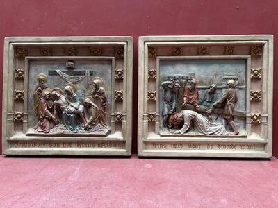 Stations Of The Cross  style Gothic - Style en Plaster polychrome, Belgium  19 th century ( Anno 1885 )