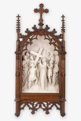 Stations Of The Cross  style Gothic - Style en Plaster / Oak Frames, Belgium  19 th century