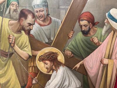 Stations Of The Cross  style Gothic - Style en Hand Painted on Board / No Frames, Netherlands  19 th century