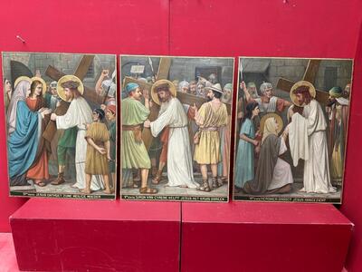 Stations Of The Cross  style Gothic - Style en Hand Painted on Board / No Frames, Netherlands  19 th century