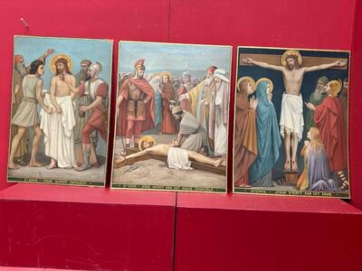 Stations Of The Cross  style Gothic - Style en Hand Painted on Board / No Frames, Netherlands  19 th century