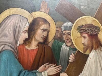 Stations Of The Cross  style Gothic - Style en Hand Painted on Board / No Frames, Netherlands  19 th century