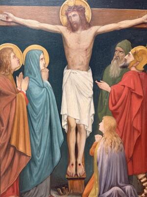 Stations Of The Cross  style Gothic - Style en Hand Painted on Board / No Frames, Netherlands  19 th century