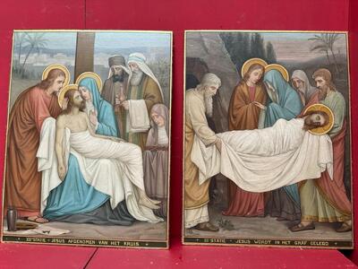 Stations Of The Cross  style Gothic - Style en Hand Painted on Board / No Frames, Netherlands  19 th century