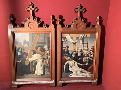 Stations Of The Cross style Gothic - style en Oak Frames / Painted on Zinc, Belgium 19th century ( anno 1875 )