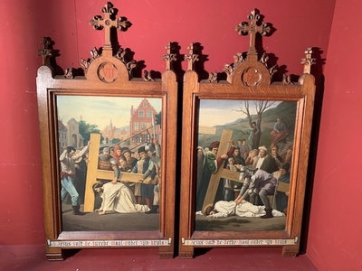 Stations Of The Cross style Gothic - style en Oak Frames / Painted on Zinc, Belgium 19th century ( anno 1875 )