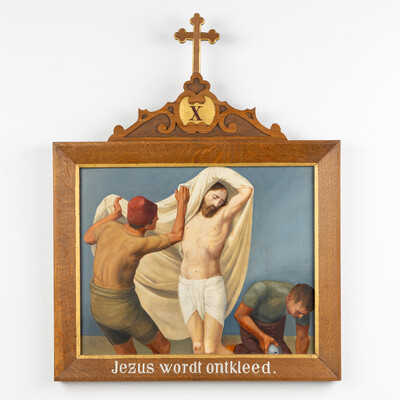 Stations Of The Cross. style Gothic - Style en Hand-Painted Decors, Oil On Board, Belgium  19 th century