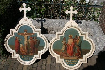Stations Of The Cross  style Gothic - Style en Painted on Zinc / Frames Wood, FRANCE 19 th century ( Anno 1865 )