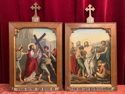 Stations Of The Cross  style Gothic - Style en Painted on Zinc Oak Frames, Belgium 19th century ( anno 1875 )