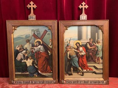 Stations Of The Cross  style Gothic - Style en Painted on Zinc Oak Frames, Belgium 19th century ( anno 1875 )