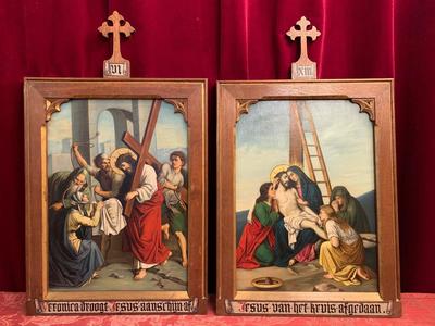 Stations Of The Cross  style Gothic - Style en Painted on Zinc Oak Frames, Belgium 19th century ( anno 1875 )