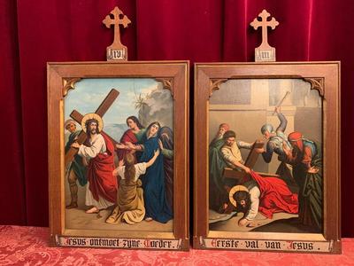 Stations Of The Cross  style Gothic - Style en Painted on Zinc Oak Frames, Belgium 19th century ( anno 1875 )