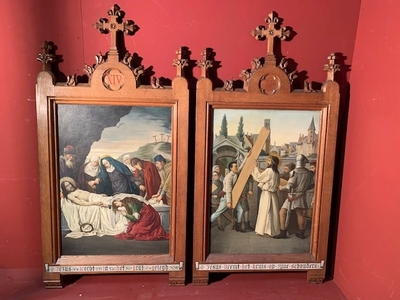 Stations Of The Cross style Gothic - style en Oak Frames / Painted on Zinc, Belgium 19th century ( anno 1875 )